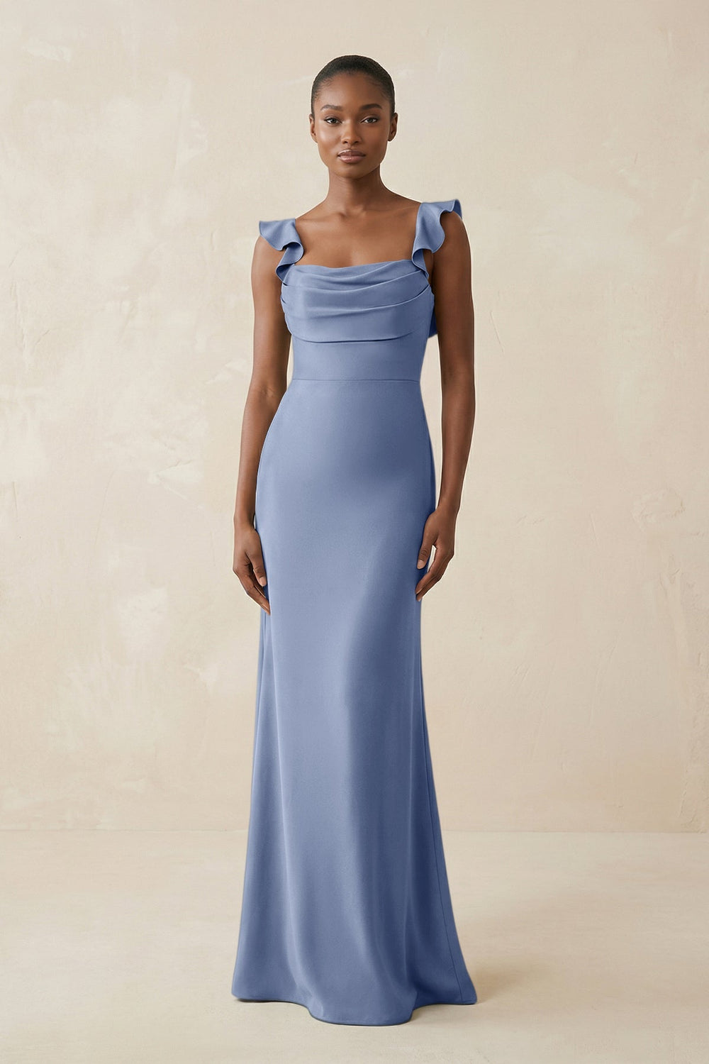 Ruffled Sleeve Sheath Satin Bridesmaid Dress in Mist - KISS BRIDAL Bridesmaid Dresses