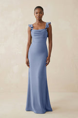 Ruffled Sleeve Sheath Satin Bridesmaid Dress in Mist - KISS BRIDAL Bridesmaid Dresses