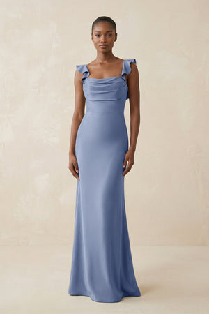 Ruffled Sleeve Sheath Satin Bridesmaid Dress in Mist - KISS BRIDAL Bridesmaid Dresses