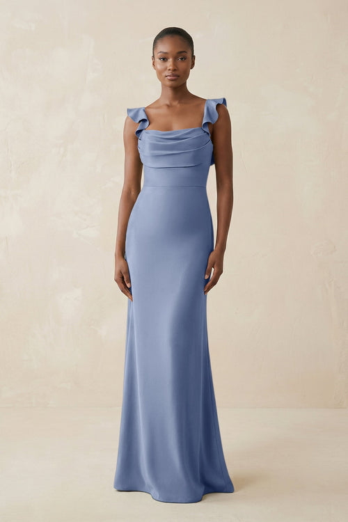 Ruffled Sleeve Sheath Satin Bridesmaid Dress in Mist - KISS BRIDAL Bridesmaid Dresses