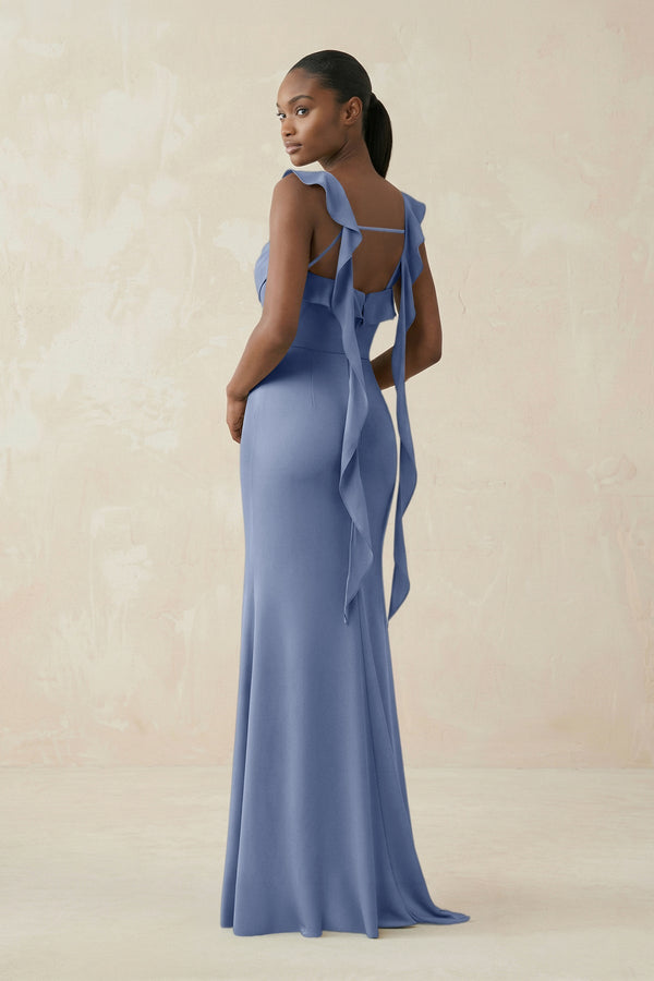 Ruffled Sleeve Sheath Satin Bridesmaid Dress in Mist - KISS BRIDAL Bridesmaid Dresses