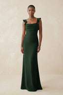 Ruffled Sleeve Sheath Satin Bridesmaid Dress in Moss - KISS BRIDAL Bridesmaid Dresses