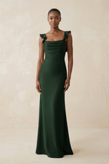 Ruffled Sleeve Sheath Satin Bridesmaid Dress in Moss - KISS BRIDAL Bridesmaid Dresses