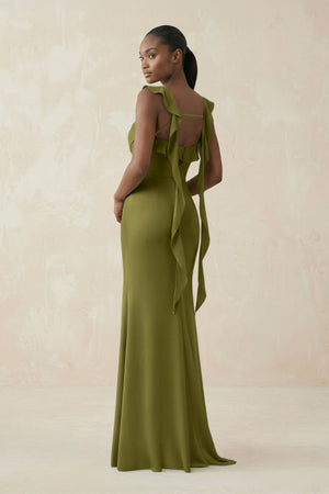 Ruffled Sleeve Sheath Satin Bridesmaid Dress in Moss Green - KISS BRIDAL Bridesmaid Dresses