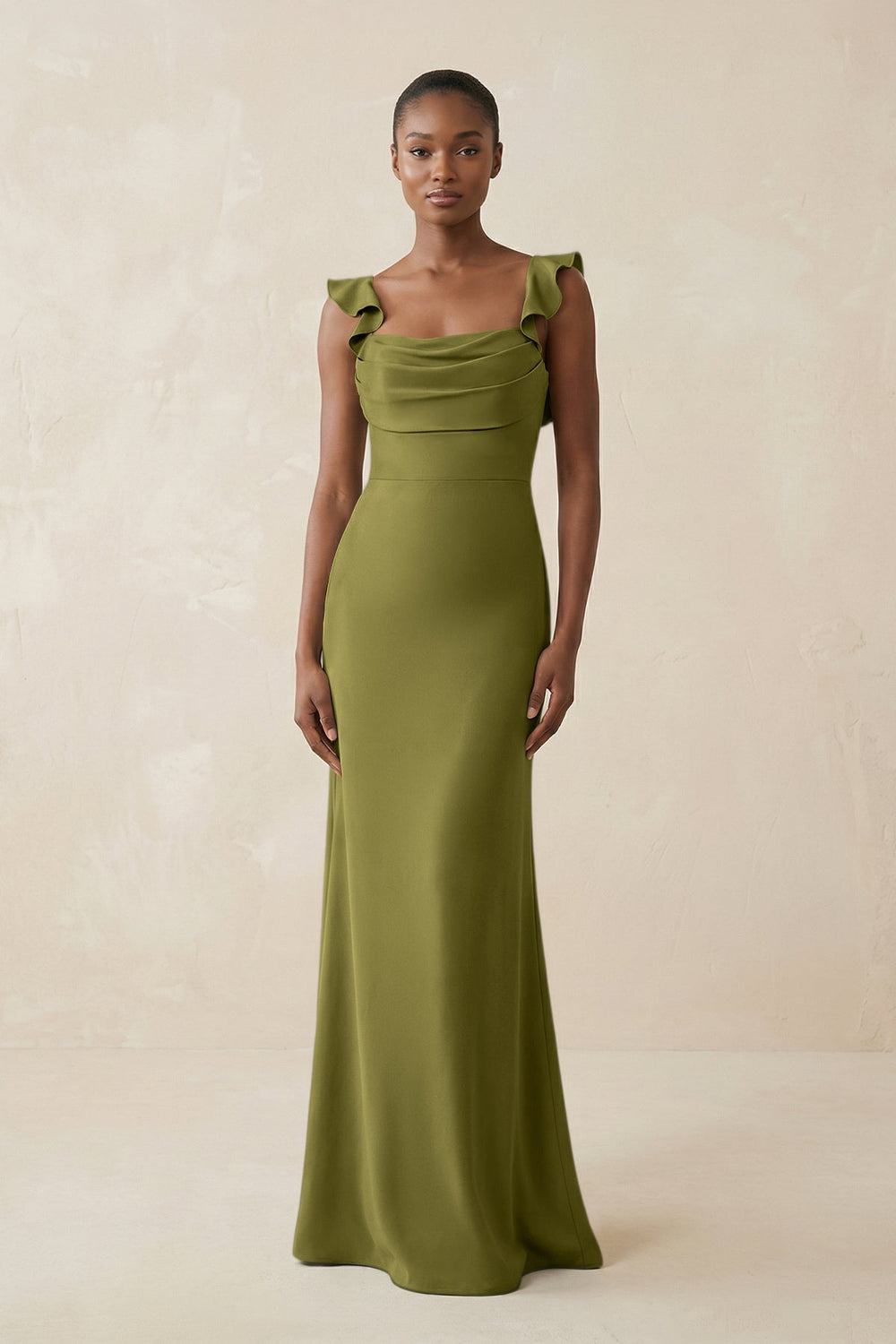 Ruffled Sleeve Sheath Satin Bridesmaid Dress in Moss Green - KISS BRIDAL Bridesmaid Dresses