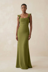 Ruffled Sleeve Sheath Satin Bridesmaid Dress in Moss Green - KISS BRIDAL Bridesmaid Dresses