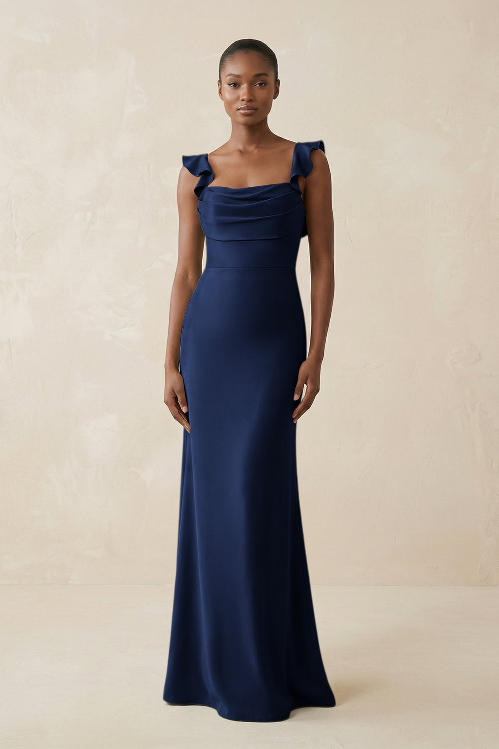 Ruffled Sleeve Sheath Satin Bridesmaid Dress in Navy - KISS BRIDAL Bridesmaid Dresses
