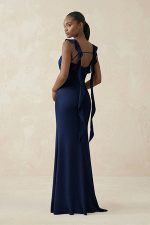Ruffled Sleeve Sheath Satin Bridesmaid Dress in Navy - KISS BRIDAL Bridesmaid Dresses