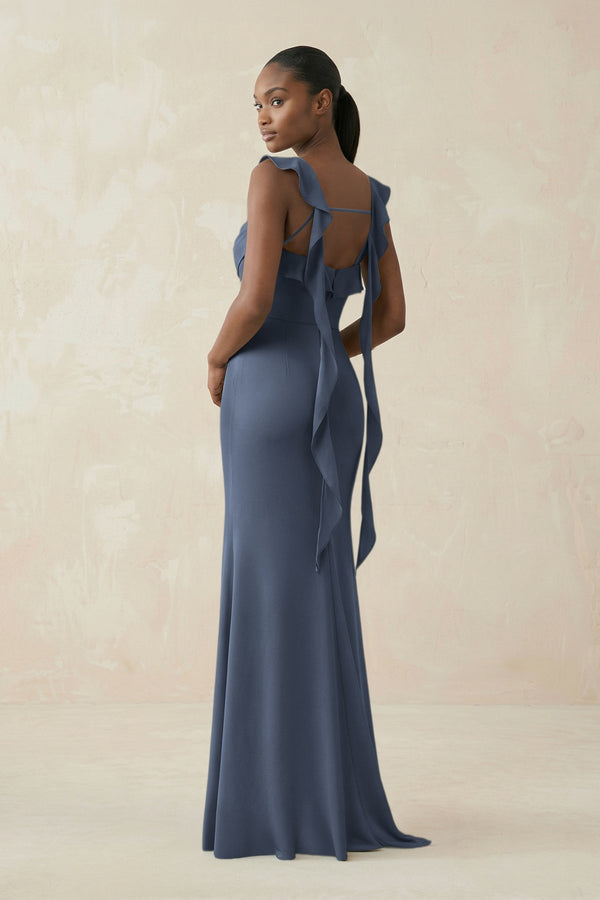 Ruffled Sleeve Sheath Satin Bridesmaid Dress in Neptune - KISS BRIDAL Bridesmaid Dresses