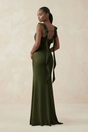 Ruffled Sleeve Sheath Satin Bridesmaid Dress in Olive - KISS BRIDAL Bridesmaid Dresses
