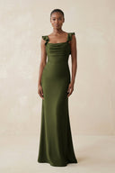 Ruffled Sleeve Sheath Satin Bridesmaid Dress in Olive - KISS BRIDAL Bridesmaid Dresses