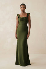 Ruffled Sleeve Sheath Satin Bridesmaid Dress in Olive - KISS BRIDAL Bridesmaid Dresses