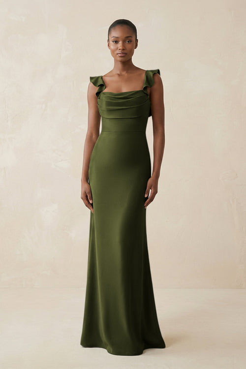 Ruffled Sleeve Sheath Satin Bridesmaid Dress in Olive - KISS BRIDAL Bridesmaid Dresses