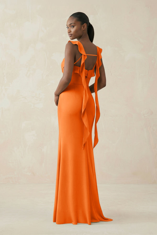 Ruffled Sleeve Sheath Satin Bridesmaid Dress in Orange - KISS BRIDAL Bridesmaid Dresses