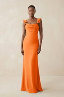 Ruffled Sleeve Sheath Satin Bridesmaid Dress in Orange - KISS BRIDAL Bridesmaid Dresses