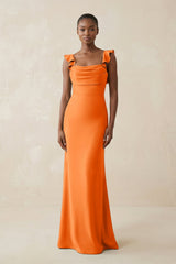 Ruffled Sleeve Sheath Satin Bridesmaid Dress in Orange - KISS BRIDAL Bridesmaid Dresses