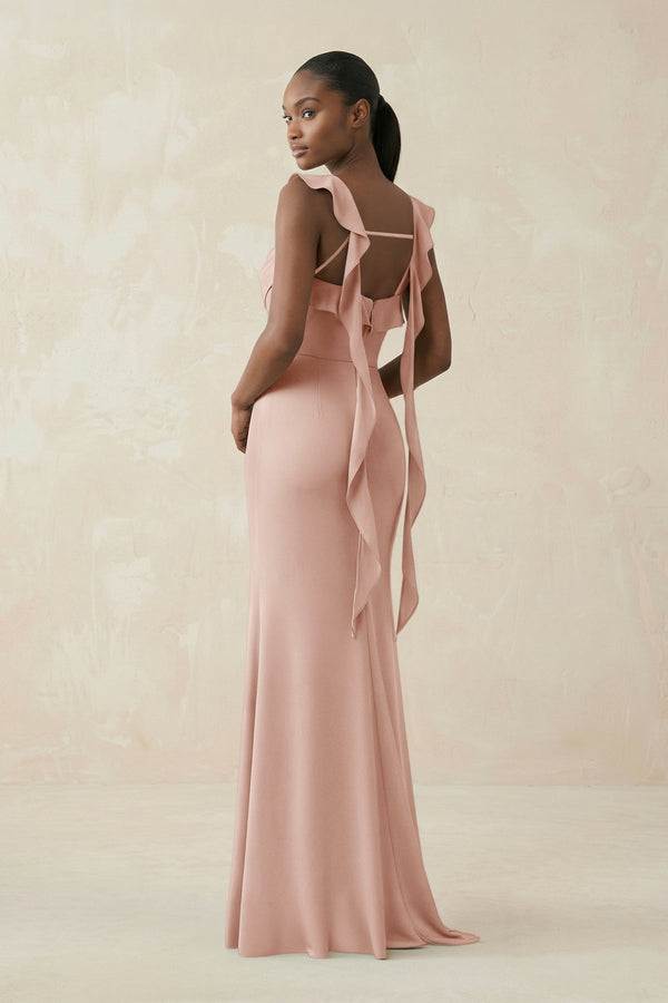 Ruffled Sleeve Sheath Satin Bridesmaid Dress in Pale Blush - KISS BRIDAL Bridesmaid Dresses