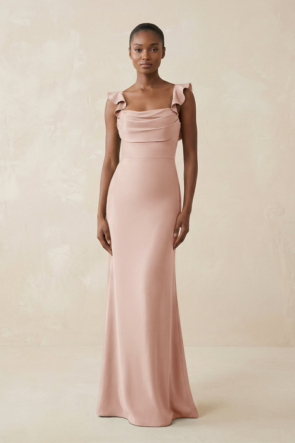 Ruffled Sleeve Sheath Satin Bridesmaid Dress in Pale Blush - KISS BRIDAL Bridesmaid Dresses
