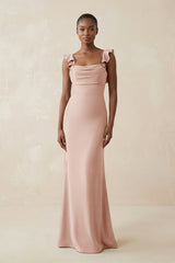Ruffled Sleeve Sheath Satin Bridesmaid Dress in Pale Blush - KISS BRIDAL Bridesmaid Dresses