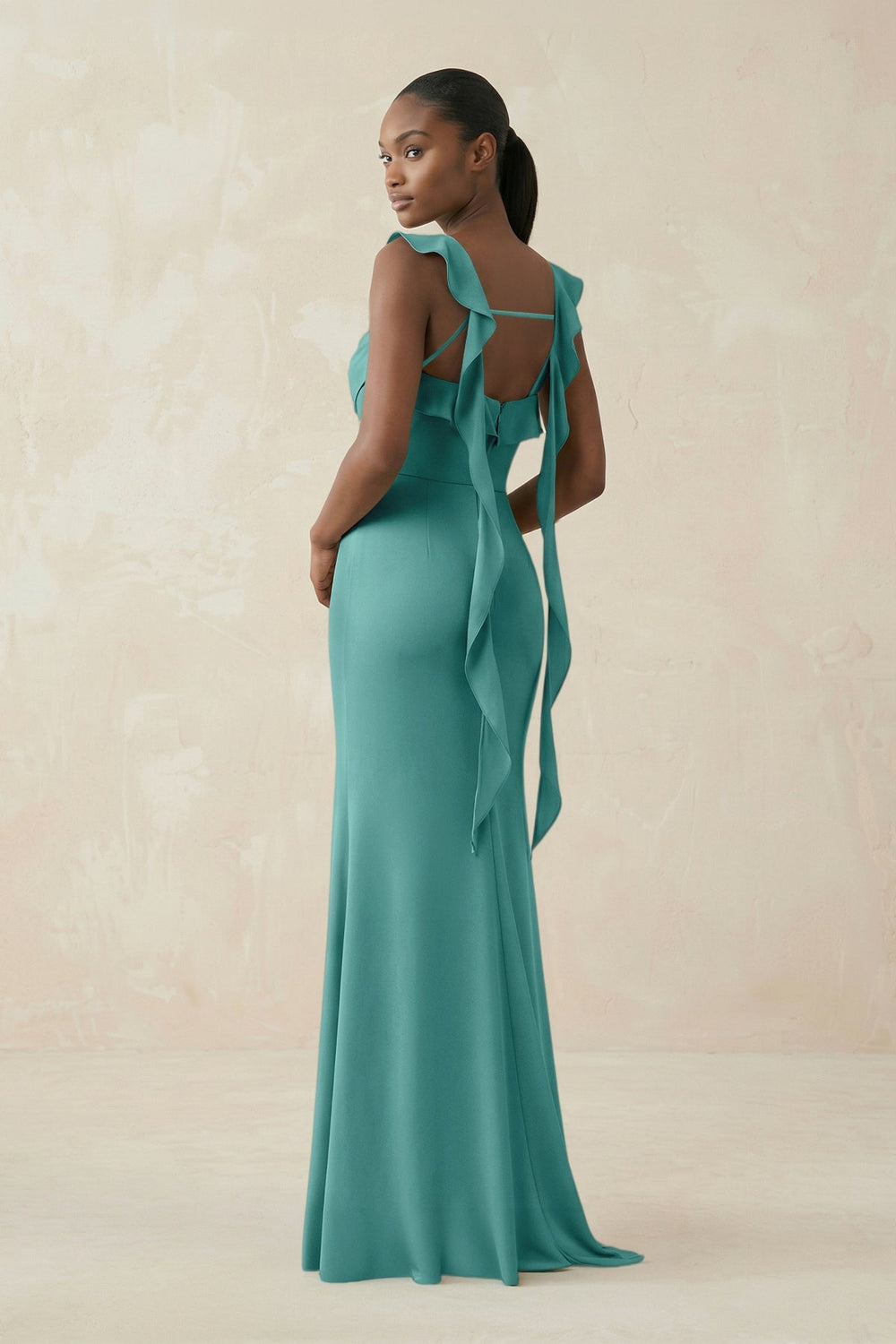 Ruffled Sleeve Sheath Satin Bridesmaid Dress in Pale Pistachio - KISS BRIDAL Bridesmaid Dresses