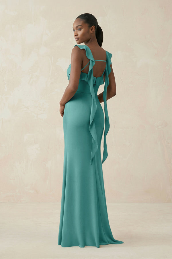 Ruffled Sleeve Sheath Satin Bridesmaid Dress in Pale Pistachio - KISS BRIDAL Bridesmaid Dresses