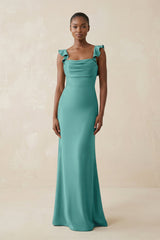 Ruffled Sleeve Sheath Satin Bridesmaid Dress in Pale Pistachio - KISS BRIDAL Bridesmaid Dresses
