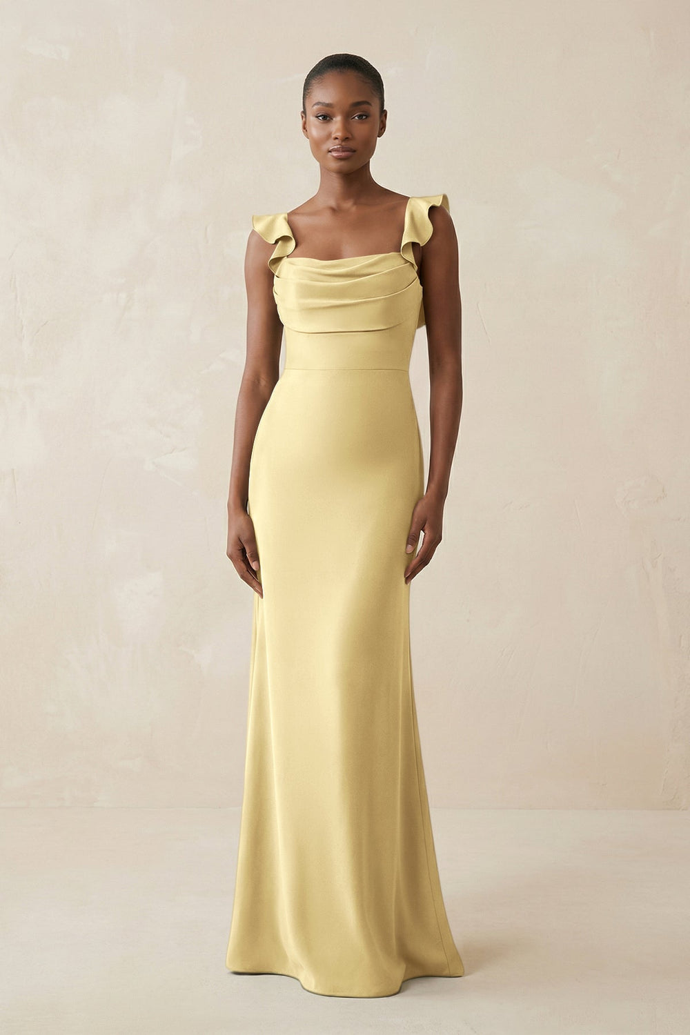 Ruffled Sleeve Sheath Satin Bridesmaid Dress in Pastel Yellow - KISS BRIDAL Bridesmaid Dresses