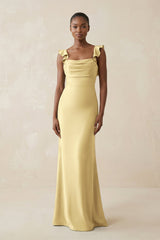 Ruffled Sleeve Sheath Satin Bridesmaid Dress in Pastel Yellow - KISS BRIDAL Bridesmaid Dresses