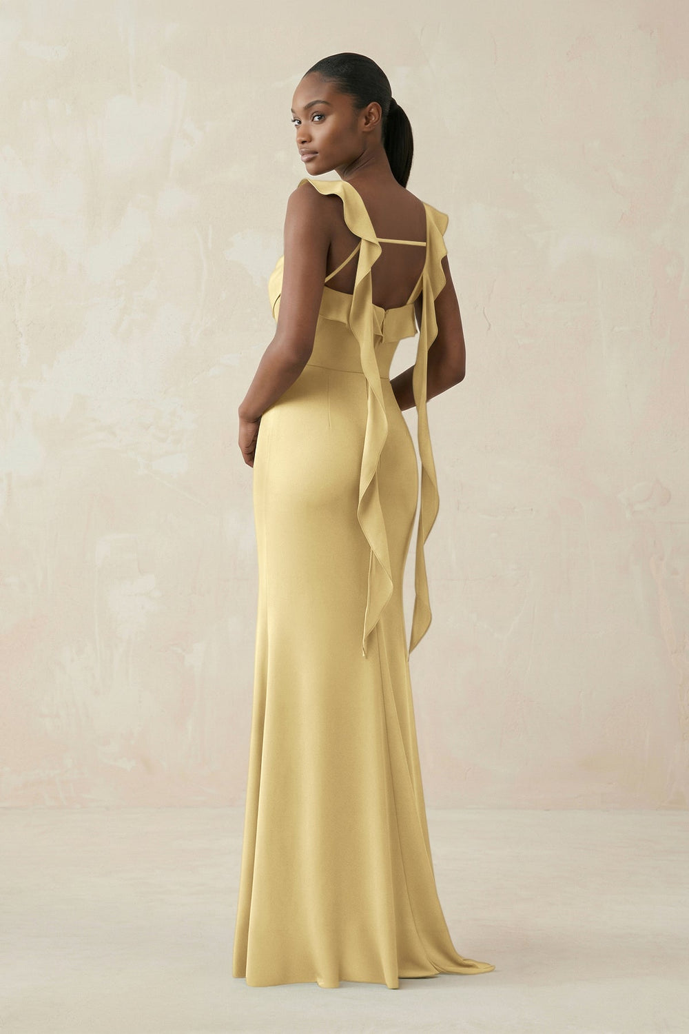 Ruffled Sleeve Sheath Satin Bridesmaid Dress in Pastel Yellow - KISS BRIDAL Bridesmaid Dresses