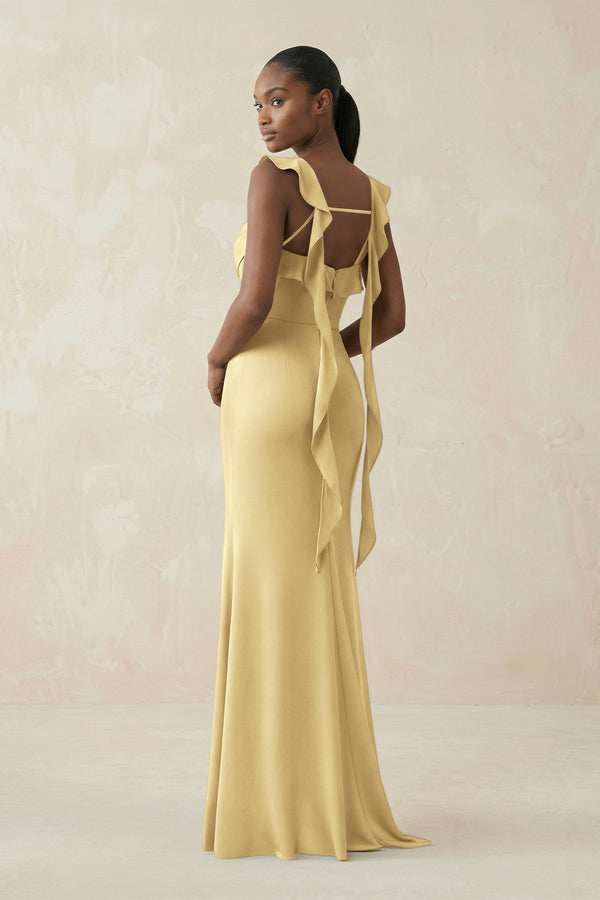 Ruffled Sleeve Sheath Satin Bridesmaid Dress in Pastel Yellow - KISS BRIDAL Bridesmaid Dresses