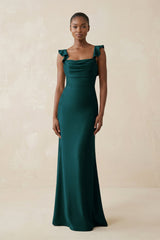 Ruffled Sleeve Sheath Satin Bridesmaid Dress in Pine - KISS BRIDAL Bridesmaid Dresses