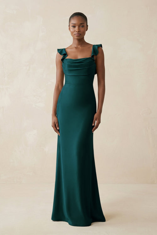 Ruffled Sleeve Sheath Satin Bridesmaid Dress in Pine - KISS BRIDAL Bridesmaid Dresses