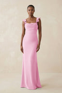 Ruffled Sleeve Sheath Satin Bridesmaid Dress in Pink - KISS BRIDAL Bridesmaid Dresses