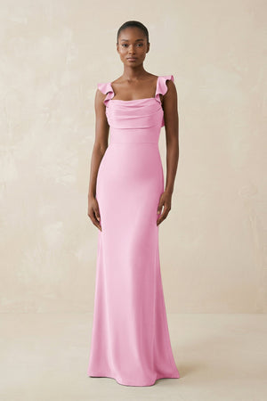 Ruffled Sleeve Sheath Satin Bridesmaid Dress in Pink - KISS BRIDAL Bridesmaid Dresses