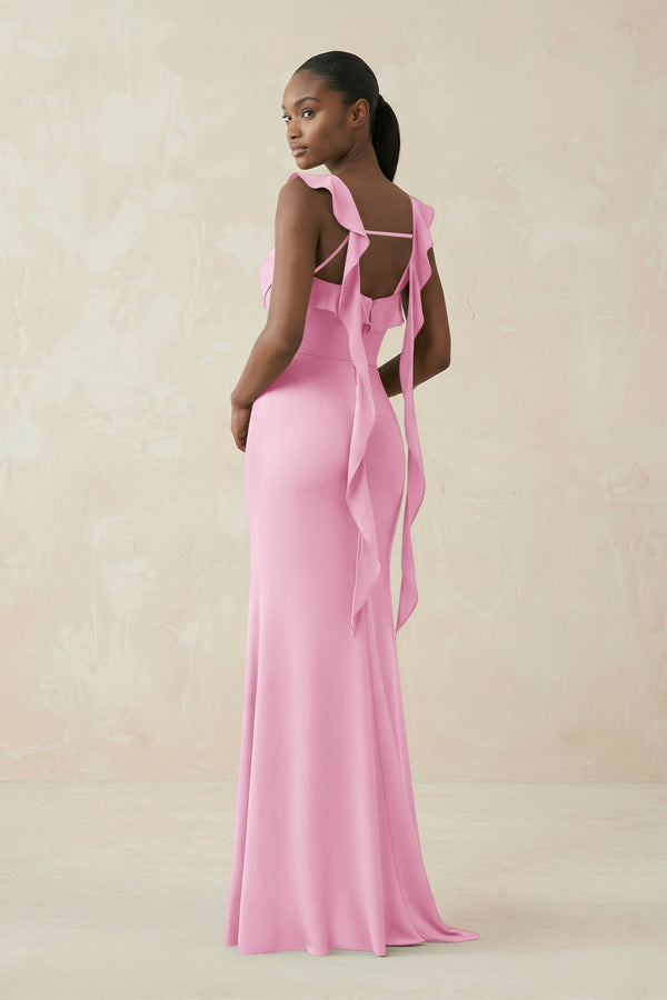 Ruffled Sleeve Sheath Satin Bridesmaid Dress in Pink - KISS BRIDAL Bridesmaid Dresses
