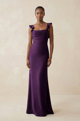 Ruffled Sleeve Sheath Satin Bridesmaid Dress in Plum - KISS BRIDAL Bridesmaid Dresses