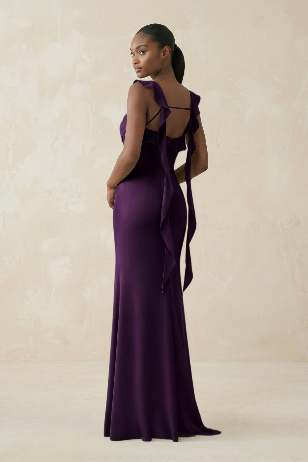Ruffled Sleeve Sheath Satin Bridesmaid Dress in Plum - KISS BRIDAL Bridesmaid Dresses