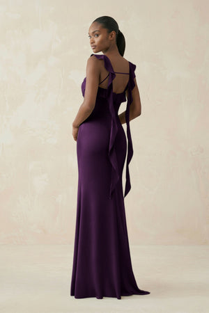 Ruffled Sleeve Sheath Satin Bridesmaid Dress in Plum - KISS BRIDAL Bridesmaid Dresses