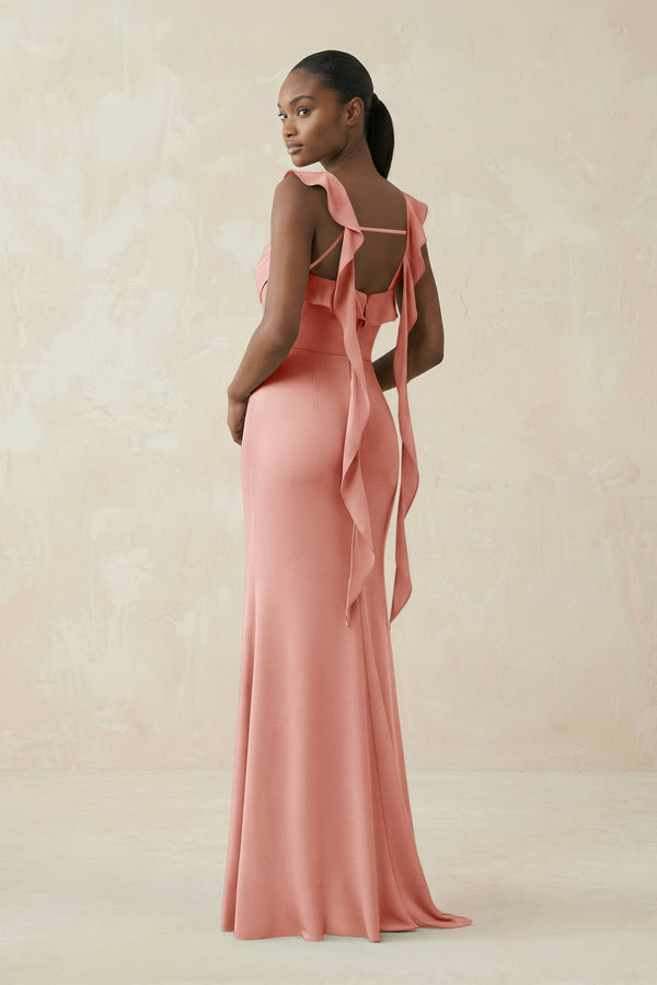 Ruffled Sleeve Sheath Satin Bridesmaid Dress in Rose Petal - KISS BRIDAL Bridesmaid Dresses