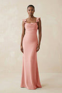 Ruffled Sleeve Sheath Satin Bridesmaid Dress in Rose Petal - KISS BRIDAL Bridesmaid Dresses