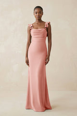 Ruffled Sleeve Sheath Satin Bridesmaid Dress in Rose Petal - KISS BRIDAL Bridesmaid Dresses