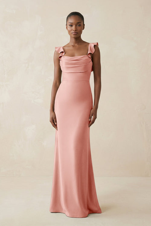 Ruffled Sleeve Sheath Satin Bridesmaid Dress in Rose Petal - KISS BRIDAL Bridesmaid Dresses