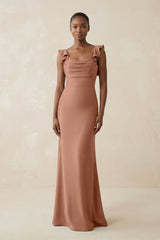 Ruffled Sleeve Sheath Satin Bridesmaid Dress in Rosette - KISS BRIDAL Bridesmaid Dresses