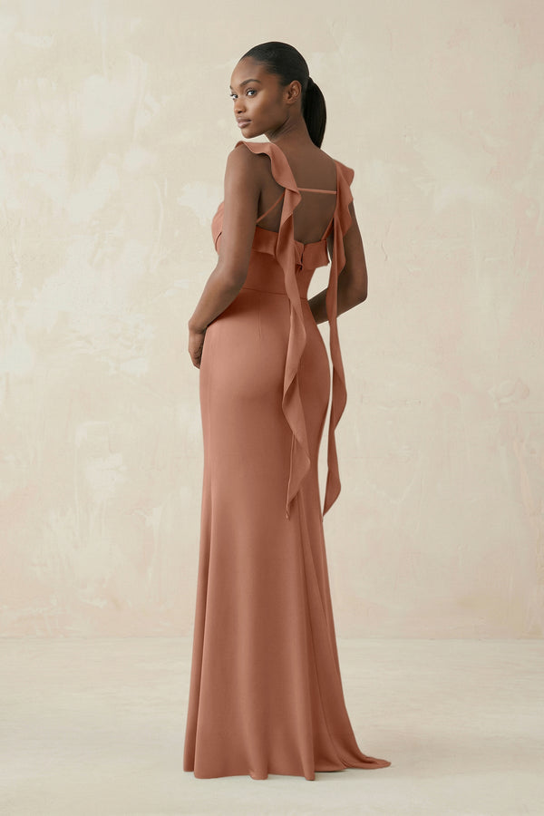 Ruffled Sleeve Sheath Satin Bridesmaid Dress in Rosette - KISS BRIDAL Bridesmaid Dresses