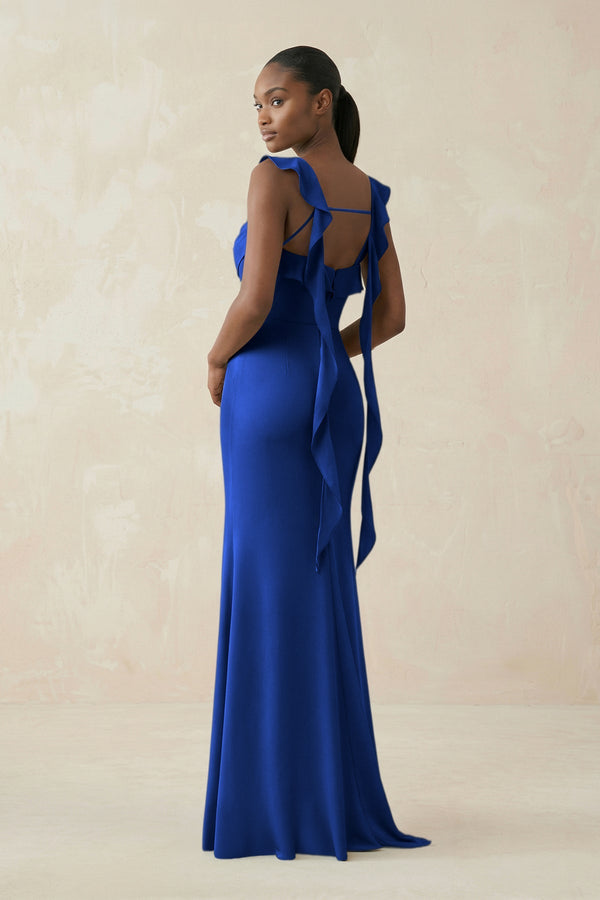 Ruffled Sleeve Sheath Satin Bridesmaid Dress in Royal Blue - KISS BRIDAL Bridesmaid Dresses