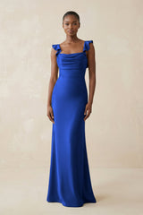 Ruffled Sleeve Sheath Satin Bridesmaid Dress in Royal Blue - KISS BRIDAL Bridesmaid Dresses