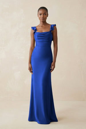 Ruffled Sleeve Sheath Satin Bridesmaid Dress in Royal Blue - KISS BRIDAL Bridesmaid Dresses
