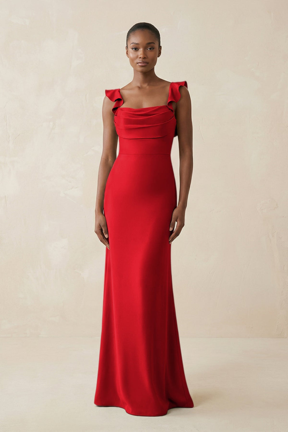 Ruffled Sleeve Sheath Satin Bridesmaid Dress in Ruby Red - KISS BRIDAL Bridesmaid Dresses