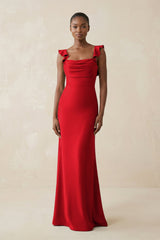 Ruffled Sleeve Sheath Satin Bridesmaid Dress in Ruby Red - KISS BRIDAL Bridesmaid Dresses