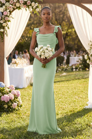 Ruffled Sleeve Sheath Satin Bridesmaid Dress in Sage - SHE IS ME Bridesmaid Dresses